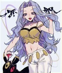  1girl bare_arms bare_shoulders black_eyes black_fur blue_eyes blue_hair breasts camisole capri_pants cleavage collarbone colored_sclera creatures_(company) crop_top facial_mark forehead_mark game_freak gen_2_pokemon highres karen_(pokemon) large_breasts light_blue_hair long_hair midriff nakiyu nintendo pants parted_bangs pokemon pokemon_(creature) pokemon_hgss red_sclera spaghetti_strap teeth umbreon upper_teeth_only wavy_hair white_pants yellow_camisole 
