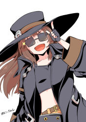  1girl artist_name black_gloves black_hat brown_hair coat cosplay cowboy_hat fingerless_gloves gloves guilty_gear guilty_gear_strive hat johnny_(guilty_gear) johnny_(guilty_gear)_(cosplay) long_hair long_sleeves looking_at_viewer may_(guilty_gear) open_clothes open_coat poncocchan smile sunglasses 