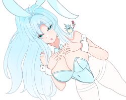  1girl absurdres aqua_hair breasts cleavage esttea golden_sun highres large_breasts leotard looking_at_viewer mia_(golden_sun) nintendo pantyhose ponytail rabbit_ears solo_focus white_pantyhose wide_ponytail  rating:Sensitive score:2 user:utohime