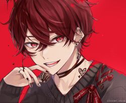  1boy chocolate choker ear_piercing earrings food food-themed_earrings happy_valentine highres holding holding_food ichimishiyu jewelry long_sleeves male_focus mole mole_under_eye nail_art nail_polish open_mouth original piercing red_background red_eyes red_hair ribbon ring short_hair smile solo sweater 