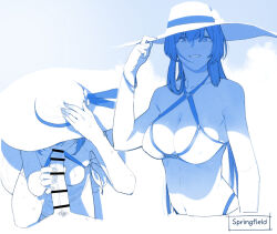  1boy 1girl bar_censor bikini blue_theme blush breasts censored character_name cleavage commentary_request cropped_torso fellatio girls&#039;_frontline hat huqu korean_commentary large_breasts monochrome multiple_views navel official_alternate_costume oral paid_reward_available parted_lips penis pubic_hair smile springfield_(girls&#039;_frontline) springfield_(stirring_mermaid)_(girls&#039;_frontline) sun_hat sweat swimsuit 