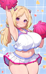 1girl aki_rosenthal alternate_costume apple_print arm_up armpits blonde_hair blue_background blush breasts cheerleader commentary_request cowboy_shot detached_hair floral_background hair_ornament heart heart_background highres hololive kani_bonara large_breasts looking_at_viewer microskirt navel pleated_skirt pom_pom_(clothes) purple_eyes skirt smile solo stomach virtual_youtuber white_skirt  rating:Sensitive score:23 user:danbooru