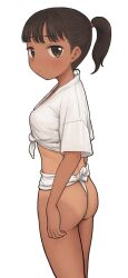  1girl ass black_hair blush breasts dark-skinned_female dark_skin female_focus fundoshi highres japanese_clothes looking_at_viewer looking_back nitera1041 original ponytail simple_background small_breasts solo standing tan tanline wedgie white_background  rating:Questionable score:58 user:romantic_colors