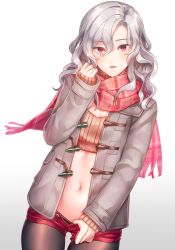 1boy bad_id bad_pixiv_id black_pantyhose clothes_pull coat crop_top gradient_background grey_coat grey_hair hair_between_eyes highres pantyhose_under_shorts long_hair long_sleeves looking_at_viewer male_focus midriff navel open_clothes open_coat open_shorts original pantyhose pantyhose_pull parted_lips red_eyes red_scarf red_shorts ribbed_sweater scarf short_shorts shorts shorts_pull sleeves_past_wrists solo stomach sweater trap wakahiko rating:Questionable score:26 user:danbooru