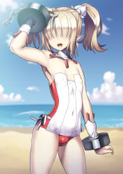  1boy adapted_costume bare_shoulders beach blonde_hair blue_sky bulge cloud crossdressing cuffs day detached_collar disgaea disgaea_d2 earrings hair_over_eyes jewelry male_focus male_healer_(disgaea) nagase_haruhito necklace ocean open_mouth outdoors pointy_ears shackles sky sleeveless smile solo swimsuit trap twintails  rating:Sensitive score:149 user:danbooru