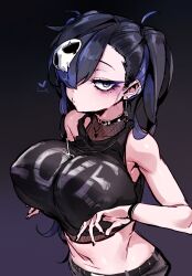  1girl bare_shoulders black_choker black_hair black_nails black_shirt blue_eyes blue_hair breasts choker clothes_writing covered_erect_nipples crop_top cross cross_earrings cross_necklace doppel_(bonnypir) ear_piercing earrings fishnets gradient_background hair_ornament hair_over_one_eye heart highres huge_breasts jessie_nair jewelry long_hair looking_at_viewer makeup midriff multicolored_hair nail_polish navel necklace official_art original piercing puckered_lips shirt simple_background skull_hair_ornament sleeveless sleeveless_shirt solo studded_choker twintails 