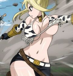  1girl animal_print bag battle belt belt_buckle bikini bikini_top_only black_gloves blonde_hair bouncing_breasts breasts breasts_apart brown_eyes buckle choker cleavage collar cow_print fairy_tail gauntlets gloves highres jiggle large_breasts leather_belt leather_choker light_particles lucy_heartfilia midriff navel neck_bell one_pant_leg pants people satchel screencap serious sideways_glance sleeveless stitched swimsuit third-party_edit underboob whip white_belt  rating:General score:40 user:LewdAnimeMemer