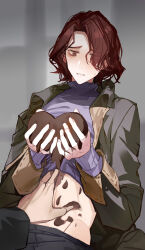  1boy @_@ bazhua black_pants blush brown_eyes brown_hair candy chocolate chocolate_heart chocolate_on_body clothes_lift coat collared_coat curtained_hair daniel_page food food_on_body freckles grey_background grey_coat hair_over_one_eye harry_potter:_magic_awakened heart highres holding holding_chocolate holding_food long_sleeves looking_at_food male_focus melting midriff open_clothes open_coat pants parted_lips purple_sweater short_hair sleeve_cuffs solo sweatdrop sweater sweater_lift turtleneck turtleneck_sweater upper_body wavy_hair 