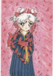  1990s_(style) animal_ears bishoujo_senshi_sailor_moon bishoujo_senshi_sailor_moon_sailor_stars blush grey_eyes hair_ribbon hands_in_opposite_sleeves japanese_clothes kimono looking_at_viewer mouse_ears retro_artstyle ribbon sailor_iron_mouse smile twintails white_hair  rating:Sensitive score:4 user:Nithavela