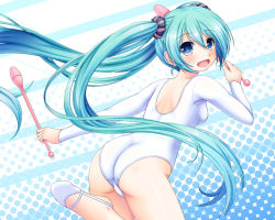 1girl aqua_eyes aqua_hair ass athletic_leotard back bare_legs blush breasts floating_hair from_side gradient_background gymnastics hair_between_eyes half-soles halftone halftone_background happy hatsune_miku holding juggling_club leaning_forward leg_up leotard long_hair looking_at_viewer looking_back nanatsuba outstretched_arm rhythmic_gymnastics scrunchie slippers small_breasts smile solo striped twintails very_long_hair vocaloid white_leotard rating:Sensitive score:14 user:danbooru