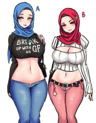  2girls belt blue_eyes breasts cleavage cleavage_cutout closed_mouth clothing_cutout condom hijab large_breasts long_sleeves mother_and_daughter multiple_girls navel no_panties none_(44404247) original red_eyes revealing_clothes smile sweater take_your_pick unbuttoned_pants used_condom white_background  rating:Questionable score:129 user:IDKWhoIAm