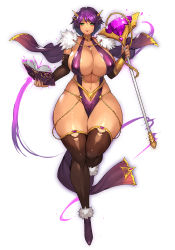  1girl bangs bare_shoulders book boots breasts capelet cleavage closed_mouth commentary covered_erect_nipples curvy dress fingernails full_body fur_trim green_eyes gurimjang highres holding huge_breasts jewelry leg_up lips looking_at_viewer nail_polish navel open_book original pelvic_curtain purple_dress purple_hair revealing_clothes shiny shiny_clothes shiny_hair shiny_skin short_hair simple_background smile solo staff stomach thick_thighs thigh_boots thighs tiara white_background wide_hips  rating:Sensitive score:12 user:danbooru