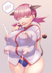  1girl absurdres animal_ears blue_shorts breasts cow_ears cow_girl cow_horns creatures_(company) embarrassed extra_breasts fusion game_freak gen_2_pokemon highres horns huge_breasts huge_nipples lactation lactation_through_clothes low_twintails medium_hair miltank nintendo nose_piercing nose_ring piercing pink_hair pokemon pokemon_hgss scratching_cheek shirt shorts solo spoken_blush twintails uchihigashi_gura white_shirt whitney_(pokemon) wide_hips 
