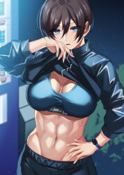  1girl abs black_hair black_pants blue_eyes blue_jacket blue_sports_bra brand_name_imitation breasts cleavage clothes_lift cowboy_shot groin hair_between_eyes hand_on_own_hip highres hikari_(komitiookami) jacket jacket_lift large_breasts lifting_own_clothes looking_at_viewer navel night original outdoors pants parted_lips short_hair sidelocks smartwatch solo sports_bra standing stomach sweat tomboy track_jacket vending_machine watch wristwatch 