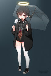  1girl absurdres black_hair black_jacket black_shirt blush chocpocalypse collar ear_piercing full_body halo highres holding holding_umbrella jacket mask mask_around_one_ear mouth_mask multicolored_hair open_clothes open_jacket open_mouth original piercing red_eyes shirt shoes short_twintails sneakers solo spiked_collar spikes streaked_hair thighhighs tongue tongue_out twintails two-tone_hair umbrella white_thighhighs 