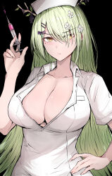  1girl alternate_costume angry antlers blush bow breasts ceres_fauna cleavage commentary flower green_hair hair_flower hair_ornament hair_over_one_eye hand_on_own_hip highres holding holding_syringe hololive hololive_english horns large_breasts leaf long_hair mole mole_under_eye nurse purple_bow sak1_01 simple_background solo standing symbol-only_commentary syringe upper_body virtual_youtuber yellow_eyes 