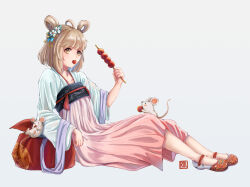  1girl 2020 absurdres animal_ears brown_eyes chinese_clothes chinese_zodiac collarbone dress eating flower food full_body hair_flower hair_ornament hair_rings hanfu highres holding holding_food long_sleeves looking_at_viewer mouse_(animal) nengajou new_year open_mouth original pink_dress qixiong_ruqun rol_(wengmengdi) ruqun sandals sash shoes short_hair simple_background sitting solo tanghulu wagashi white_background wide_sleeves year_of_the_rat yellow_eyes 