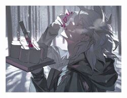  1boy blood blood_on_face blood_on_hands blood_on_mouth bloody_knife breath cake candle coat danganronpa_(series) dappled_sunlight fingernails food forest green_eyes hair_between_eyes highres holding holding_cake holding_food kiyoshi_st knife komaeda_nagito looking_at_hand male_focus medium_hair nature open_mouth parted_lips shadow snow snowing solo steam_from_mouth sunlight tree white_hair winter winter_clothes winter_coat 
