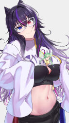  2girls =_= absurdres belt between_breasts black_belt black_hair black_shorts blue_eyes braid breasts character_request chemical_cure_purple closed_eyes closed_mouth commentary_request cone_hair_bun covered_collarbone crop_top duel_monster eyes_visible_through_hair fairy fairy_wings flying_sweatdrops goggles green_hair green_wings grey_background groin hair_between_eyes hair_bun hair_over_one_eye heterochromia highres kirikan_(cokekiri) lab_coat long_hair long_sleeves low_twintails medium_breasts midriff mini_person minigirl multicolored_hair multiple_girls navel open_clothes pointy_ears purple_hair red_eyes shirt shorts simple_background sleeves_past_fingers sleeves_past_wrists streaked_hair twin_braids twintails v-shaped_eyebrows very_long_hair white_shirt wings yellow_shirt yu-gi-oh!_rush_duel 