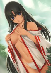  00s 1girl bare_shoulders black_hair blue_eyes breasts cleavage eiwa fundoshi highres japanese_clothes jpeg_artifacts kimono large_breasts lips long_hair miko open_clothes open_mouth open_shirt panties queen&#039;s_blade shirt solo tomoe underwear undressing  rating:Questionable score:39 user:danbooru