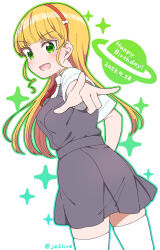  1girl :d \m/ blonde_hair blue_outline blunt_bangs blush bow_hairband breasts collared_shirt commentary_request cowboy_shot dated dress dress_shirt gradient_outline green_eyes green_outline grey_dress hairband happy_birthday heanna_sumire highres jenny_(je2live) logo looking_at_viewer looking_back love_live! love_live!_superstar!! medium_breasts neck_ribbon open_mouth outline partial_commentary pinafore_dress red_hairband red_ribbon ribbon school_uniform shirt short_dress short_sleeves sleeveless sleeveless_dress smile solo sparkle summer_uniform thighhighs twitter_username v-shaped_eyebrows white_shirt white_thighhighs yuigaoka_school_uniform zettai_ryouiki 