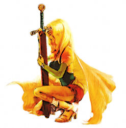  1990s_(style) 1girl ajikko amano_yoshitaka_design blonde_hair boots brown_pantyhose cape celes_chere closed_eyes detached_sleeves final_fantasy final_fantasy_vi from_side full_body high_heel_boots high_heels kneeling on_one_knee pantyhose retro_artstyle sheath sheathed shorts simple_background solo sword torn_clothes torn_shorts weapon white_background 