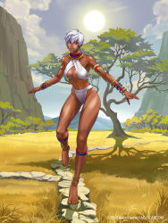 1girl abs africa anklet armlet barefoot bikini black_skin bracelet capcom choker colored_skin dark-skinned_female dark_skin elena_(street_fighter) game grass gunshiprevolution highres jewelry mountain muscular neck_ring necklace official_art outstretched_arms path road savannah short_hair solo spread_arms standing standing_on_one_leg stone street_fighter sun swimsuit tall_female tiptoes tree white_hair rating:Sensitive score:47 user:danbooru