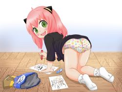 1girl all_fours anya_(spy_x_family) blush child&#039;s_drawing crayon female_focus flatculture floor from_behind full_body green_eyes heart heart_panties heart_print highres indoors loli looking_at_viewer looking_back multicolored_clothes multicolored_panties panties pink_hair print_panties self-upload smile socks solo spy_x_family underwear upskirt white_socks wooden_floor rating:Questionable score:172 user:danbooru