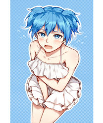 1boy ansatsu_kyoushitsu bare_arms bare_shoulders between_legs bikini blue_background blue_eyes blue_hair blush collarbone covering_privates covering_breasts cowboy_shot crossdressing dated dress flying_sweatdrops hand_between_legs looking_at_viewer male_focus meipoi open_mouth shiota_nagisa short_hair short_twintails solo swimsuit tearing_up trap twintails white_background rating:Sensitive score:82 user:danbooru