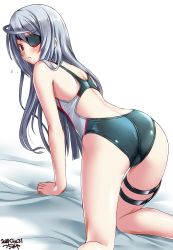 1girl :t all_fours artist_name ass back bed blanket bridal_garter competition_swimsuit dated eyepatch green_one-piece_swimsuit hair_between_eyes highres infinite_stratos laura_bodewig long_hair looking_at_viewer looking_back one-piece_swimsuit red_eyes silver_hair simple_background solo swimsuit tsuchimiya white_background rating:Sensitive score:35 user:danbooru