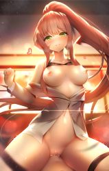 1girl absurdres black_bra blurry blurry_background blush bra bra_lift breasts brown_hair collarbone commentary cowgirl_position cum cum_in_pussy doki_doki_literature_club english_commentary green_eyes grey_jacket hair_ribbon happy_sex heart hetero highres jacket long_hair long_sleeves looking_at_viewer medium_breasts monika_(doki_doki_literature_club) navel nipples off_shoulder open_clothes open_jacket open_shirt parted_lips ponytail pov pussy ribbon school_uniform sex smile solo_focus straddling sweat thigh_strap thighs tsukimaru uncensored underwear very_long_hair white_ribbon rating:Explicit score:180 user:danbooru