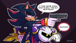  2boys armor cape crossover galaxia_(sword) gloves gun highres holding holding_gun holding_sword holding_weapon i_think_we&#039;re_gonna_have_to_kill_this_guy_steven_(meme) kirby_(series) lunatyk male_focus mask meme meta_knight mixed-language_text multiple_boys nintendo outline pauldrons red_eyes shadow_the_hedgehog shadow_the_hedgehog_(game) shoulder_armor sonic_(series) sword teeth weapon white_gloves white_outline yellow_eyes 