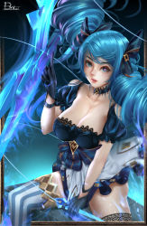 1girl absurdres artist_name bearwitch black_background black_bow black_choker black_dress black_gloves blue_eyes blue_hair bow breasts choker cleavage collarbone detached_sleeves dress drill_hair gloves gradient_background green_background grey_dress gwen_(league_of_legends) hair_bow hand_up highres large_breasts league_of_legends long_hair looking_at_viewer oversized_object puffy_short_sleeves puffy_sleeves scissors short_sleeves sitting smile solo striped_clothes striped_thighhighs thighhighs twin_drills rating:Sensitive score:15 user:danbooru
