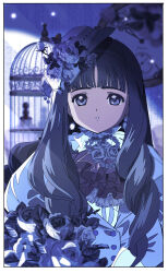  1girl absurdres analog_clock ascot birdcage black_hair blunt_bangs border bouquet bow buttons cage cardcaptor_sakura choker clock collared_jacket commentary daidouji_tomoyo double-breasted edoya_inuhachi expressionless flower flower_brooch frilled_choker frills hair_over_shoulder hat hat_bow highres hime_cut holding holding_bouquet indoors jacket juliet_sleeves light_particles long_hair long_sleeves looking_at_viewer mini_hat parted_lips puffy_sleeves purple_ascot purple_background purple_eyes purple_flower purple_hair purple_jacket purple_rose purple_sleeves purple_theme rose shirt solo symbol-only_commentary upper_body wavy_hair white_border white_choker white_shirt 