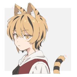  1girl absurdres animal_ears asuka_shirou black_hair black_ribbon blonde_hair closed_mouth commentary_request dress expressionless highres looking_at_viewer multicolored_hair neck_ribbon pinafore_dress red_dress ribbon shirt short_hair simple_background sleeveless sleeveless_dress solo tail tiger_ears tiger_girl tiger_tail toramaru_shou touhou two-tone_hair upper_body white_background white_shirt  rating:General score:1 user:danbooru