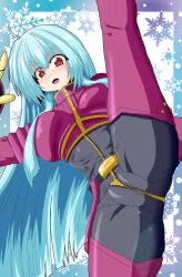  1girl blue_hair bodysuit breasts cameltoe flexible kicking kula_diamond large_breasts leg_up legs long_hair looking_at_viewer open_mouth red_eyes serious snk solo the_king_of_fighters thighs 