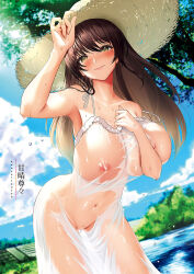  1girl armpits bar_censor blurry blurry_background blush breasts brown_hair censored cloud day dress feet_in_water feet_out_of_frame female_focus groin hat head_tilt highres kansei_toutou large_breasts legs light_smile long_hair mole mole_under_eye navel nipples no_bra no_panties original outdoors partially_submerged pussy river see-through sky smile solo standing straw_hat thighs tree wet wet_clothes yellow_eyes 