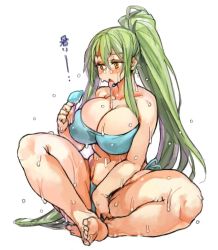 1girl bikini blue_bikini blush breasts cleavage collarbone food green_hair hair_between_eyes high_ponytail holding huge_breasts indian_style long_hair navel open_mouth orange_eyes original perky_breasts popsicle sachito sidelocks simple_background sitting solo sumi-chan_(sachito) sweat swimsuit thick_thighs thighs tongue tongue_out white_background rating:Sensitive score:55 user:danbooru