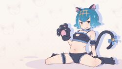 1girl absurdres animal_ear_fluff animal_ears animal_hands arm_support blue_hair blush bra breasts cat_ears cat_lingerie cat_tail creatures_(company) derivative_work fake_animal_ears fake_tail game_freak gloves greatm8 hairband highres lana_(pokemon) loli looking_at_viewer meme_attire midriff navel nintendo onii-chan_wa_oshimai! panties paw_gloves paw_shoes pokemon pokemon_sm screenshot_redraw sitting small_breasts solo spread_legs stomach tail thighlet underwear yellow_hairband rating:Sensitive score:266 user:danbooru