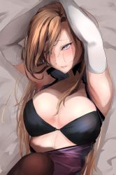  1girl adapted_costume akiyama_cz4a armpits arms_up bed_sheet black_bra black_thighhighs blonde_hair blush bra breasts closed_mouth dress elbow_gloves gloves hair_over_eyes highres large_breasts long_hair looking_at_viewer mole mole_under_eye no_headwear open_clothes open_dress purple_dress purple_eyes sleeveless sleeveless_dress slit_pupils solo swept_bangs thighhighs touhou tsurime underwear white_gloves yakumo_yukari 