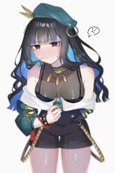  1girl black_hair blue_hair blush bonnet breasts colored_inner_hair fate/grand_order fate_(series) grey_eyes highres large_breasts multicolored_hair onda_(wave_sometime) simple_background tenochtitlan_(fate) tenochtitlan_(second_ascension)_(fate) upper_body white_background 