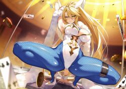  1girl animal_ears arm_up armpits artoria_pendragon_(all) artoria_pendragon_(fate) artoria_pendragon_(swimsuit_ruler)_(fate) blonde_hair blue_pantyhose blush breasts card closed_mouth cluseller coin commentary_request fake_animal_ears fate/grand_order fate_(series) full_body green_eyes hair_between_eyes high_heels highleg highleg_leotard highres large_breasts leotard long_hair looking_at_viewer pantyhose playboy_bunny playing_card ponytail rabbit_ears solo squatting thighs white_footwear white_leotard wrist_cuffs 