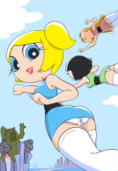  3girls ass black_hair blonde_hair blossom_(ppg) blue_dress blue_eyes breasts bridge bubbles_(ppg) building buttercup_(ppg) cartoon_network city clock clock_tower cloud covered_erect_nipples dress explosion fire flying from_behind green_dress grin highres long_hair looking_at_viewer looking_back medium_breasts monster multiple_girls ocean oira_wa_arumajiro orange_hair panties pink_dress powerpuff_girls red_lips short_dress short_hair siblings sisters sky skyscraper sleeveless sleeveless_dress smile smoke teeth thighhighs tower twintails underwear water white_panties white_thighhighs 