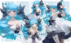 1girl absurdres ahoge asami_okutoshioku bare_shoulders black_bow blue_eyes blue_hair blush bow breasts collarbone commentary detached_sleeves dress drill_hair grey_background grey_dress grey_pantyhose gwen_(league_of_legends) hair_bow highres league_of_legends long_hair looking_at_viewer multiple_views pantyhose puffy_short_sleeves puffy_sleeves short_sleeves smile striped_clothes striped_pantyhose twin_drills twintails rating:General score:28 user:danbooru
