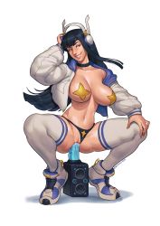 1girl black_choker black_hair black_panties blue_eyes breasts choker clitoris clothed_masturbation collarbone commentary dildo dildo_riding english_commentary erect_nipples full_body grin headphones highres jacket kill_la_kill kiryuuin_satsuki large_breasts lips long_hair lube lukas_klaudat masturbation navel nose object_insertion open_clothes open_jacket out_of_character panties panties_aside pasties puffer_jacket pussy_juice sex_toy shirtless shoes smile sneakers solo speaker squatting star_pasties suction_cup_dildo thick_eyebrows thighhighs tiptoes twitter_username uncensored underwear vaginal vaginal_object_insertion white_footwear white_jacket white_legwear wireless