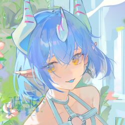  1girl :p bare_shoulders blue_choker blue_hair blue_horns blue_tongue building chinese_commentary choker closed_mouth collarbone colored_tongue commentary_request day ear_piercing earrings eyelashes flower gugu_(mirukai) highres horns jewelry marking_on_cheek multiple_horns multiple_piercings o-ring original outdoors piercing pink_flower pointy_ears sample_watermark short_hair single_earring smile solo tongue tongue_out tree upper_body watermark yellow_eyes 