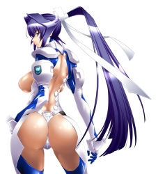  1girl armor ass back blue_eyes blue_hair bodysuit breasts cowboy_shot emblem fortified_suit from_behind gloves hair_intakes hair_ribbon high_ponytail highres large_breasts long_hair looking_at_viewer looking_back matching_hair/eyes mitsurugi_meiya muv-luv muv-luv_alternative nobusi pilot_suit ponytail ribbon see-through see-through_bodysuit simple_background solo very_long_hair white_background  rating:Questionable score:82 user:danbooru