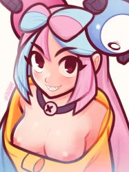  1girl aqua_hair artist_name blush bow-shaped_hair breasts character_hair_ornament creatures_(company) detached_collar downblouse exhibitionism game_freak gen_1_pokemon hair_ornament highres iono_(pokemon) jacket looking_at_viewer magnemite medium_breasts multicolored_hair nintendo nipple_slip nipples no_bra oversized_clothes pink_hair pokemon pokemon_sv public_indecency red_eyes sharp_teeth solo teeth tsuvida twitter_username two-tone_hair upper_body white_background yellow_jacket  rating:Questionable score:167 user:danbooru