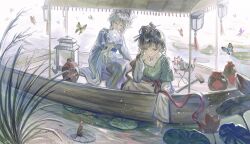  2girls black_eyes black_hair blue_hanfu boat bug butterfly chinese_clothes cindymeimezu dipper eternity_(reverse:1999) flower grass green_shirt hair_bun hair_ornament hairpin hand_fan hand_on_own_face hand_up hanfu head_rest highres holding holding_fan insect jewelry jiu_niangzi jug_(bottle) lantern layered_sleeves lily_pad long_hair long_sleeves looking_down lotus lotus_leaf multiple_girls necklace outdoors paper_lantern pink_flower reverse:1999 shirt short_over_long_sleeves short_sleeves single_side_bun sitting skirt sky statuette tassel tassel_hair_ornament tuanshan water watercraft white_hair white_sky white_sleeves wide_sleeves yellow_skirt 