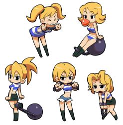  &gt;:&lt; &gt;_&lt; 5girls :&lt; arm_support ball_and_chain_restraint bent_over black_eyes blonde_hair blush breasts blowing_bubbles bustier chain chewing_gum cleavage clenched_hands clenched_teeth closed_eyes closed_mouth crop_top cuffs cutoff_jeans cutoffs eyebrows frown hair_between_eyes hair_intakes hooligan_sisters king_of_unlucky kneehighs knees_together_feet_apart kou_(makoto_yabe) looking_at_viewer looking_back medium_breasts midriff mighty_(series) mighty_switch_force! miniskirt multiple_girls navel open_mouth ponytail prison_clothes shackles short_hair short_shorts short_twintails shorts siblings simple_background sisters sitting skirt socks sports_bra standing standing_on_one_leg striped teeth thick_eyebrows twintails v-shaped_eyebrows  rating:Sensitive score:65 user:danbooru